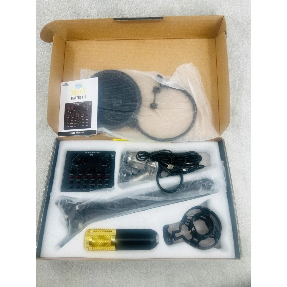 Sarina‎ Podcast Starter Kit Black Gold Condenser Mic V8 Mixer Stand NEW
